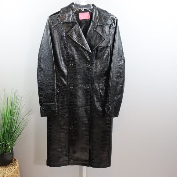 Azalea Wang Black Faux Leather Trench Coat M Croc Embossed Long Jacket - Picture 1 of 5
